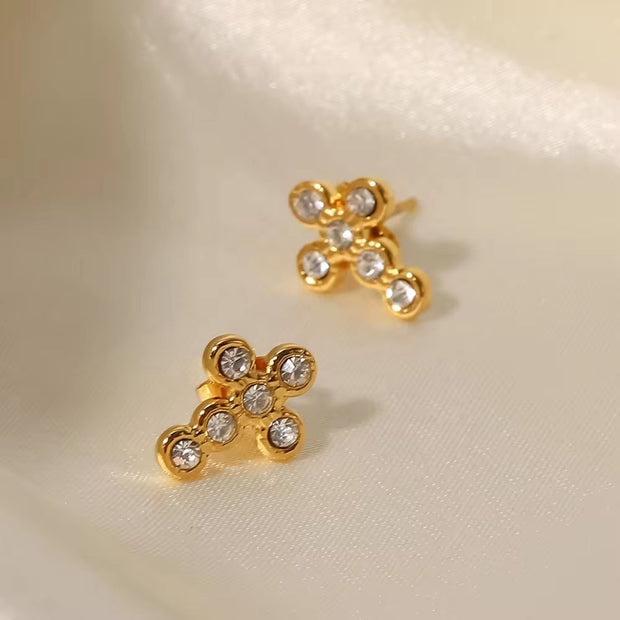 18K Gold Plated Cross Shape Zircon Insert Stainless Steel Stud Earrings Waterproof Jewelry