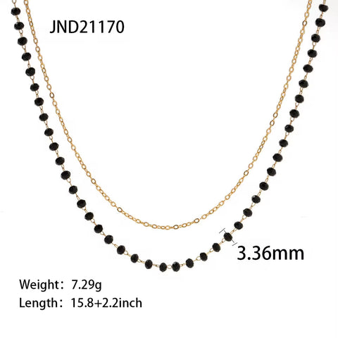 Bohemia Stainless Steel Black Beads Glass Stone Double Layer Bead Chain Necklace for Women