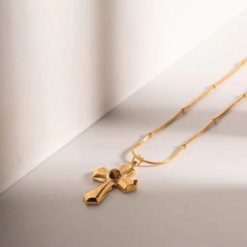 Religious Stainless Steel Necklaces Gold Plated Texture Hammer Tiger'S Eye Cross Pendant Necklace