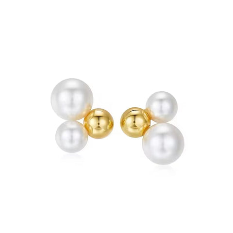 French 14K Gold Plated Stainless Steel Shell Pearl Ball Stud Earrings Hip Hop Styles for Girls