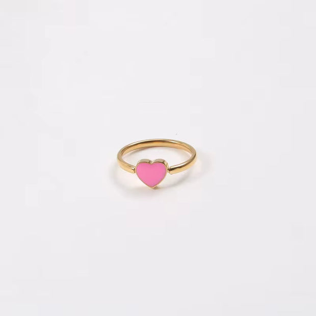 New High Quality Waterproof Rings Jewelry Enamel Pink Heart Ring Jewelry Stainless Steel 18K Gold Plate Heart Ring for Women