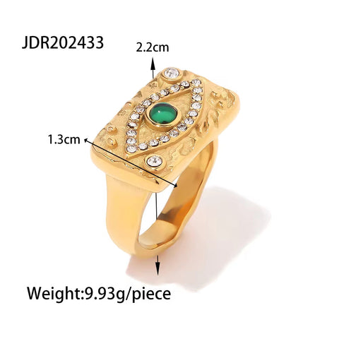 18K Gold Plated Stainless Steel Bangle Earrings Rings Cubic Green Malachite Lave Square Evil Eyes Necklace Set