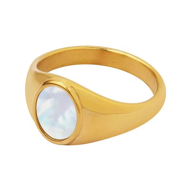 Natural Gemstone Stainless Steel Women White Sea Shell Titanium Steel Gold Plated Non Tarnish Rings