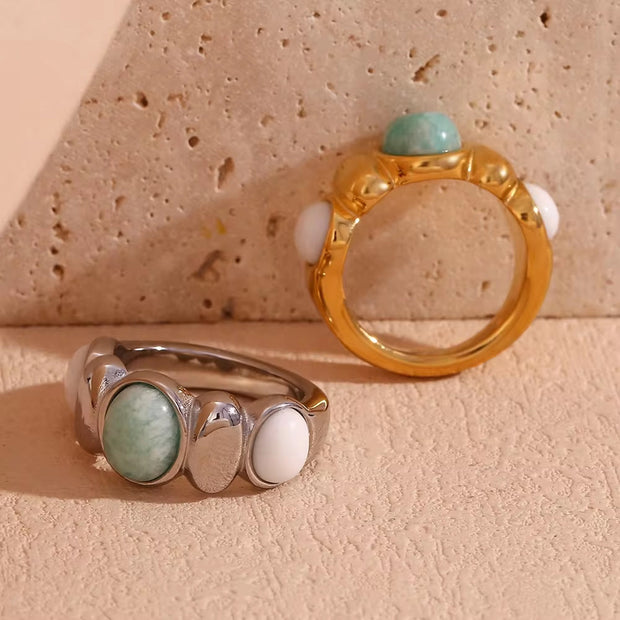 Oval Amazonite Gemstone Jewelry Natural Stone Gold Plated Rings Stainless Steel Rings Jewelry Women