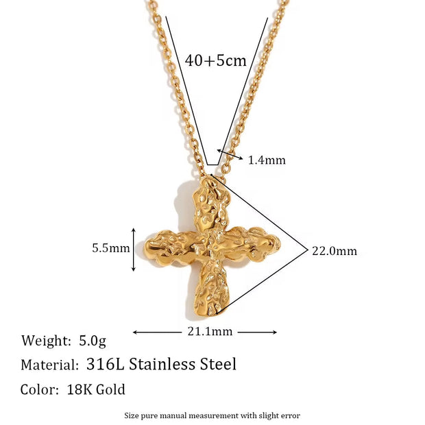 Hammered Cross Necklace 18K Gold Plated Jewelry Waterproof 316L Stainless Steel Titanium Jewelry