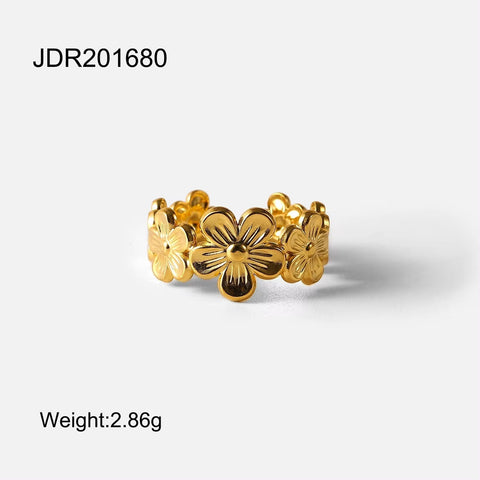 18K Gold PVD Plated Waterproof Finger Jewelry for Women Wedding Gift Exquisite Stainless Steel Flower Adjustable Opening Rings