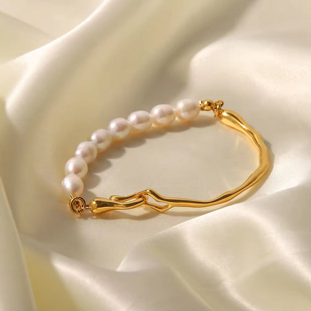 Charm Stainless Steel 18K Gold Plated Jewelry Splicing Bangle Fresh Waterpearl Pearl Bangles for Women