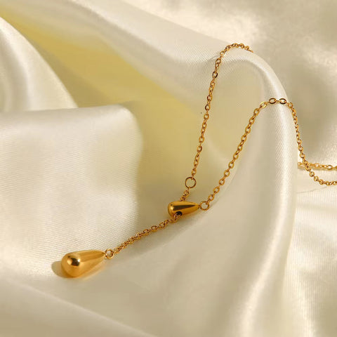 New Trend 18K Gold Plated Double Waterdrop Stainless Steel Y Shape Waterdrop Charm Necklace Jewelry