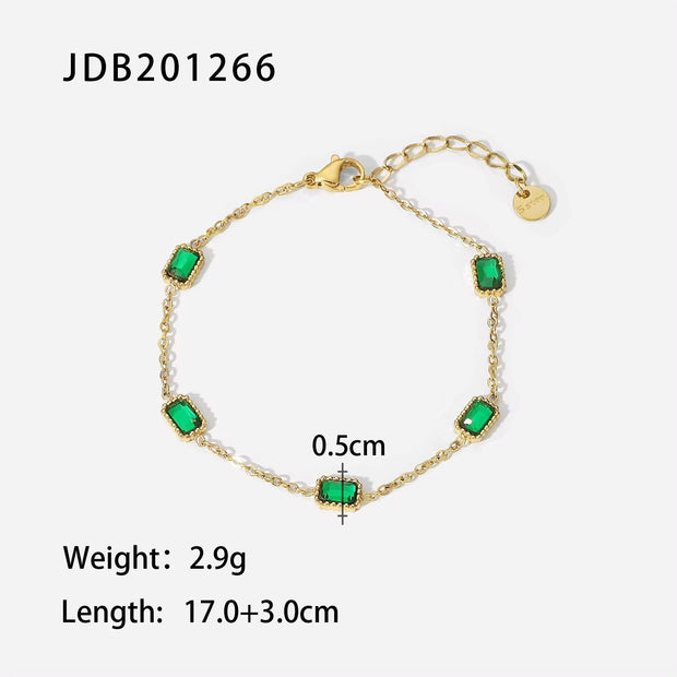 PVD Gold Plated Stainless Steel Green Cubic Zirconia Dainty Snake Butterfly Tennis Link Chain Bracelets