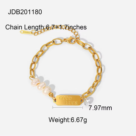 New Arrival 18K Gold Plated Chain Pearl Splicing Bracelet Stainless Steel GOOD LUCK Freshwater Pearl Bracelet for Girls Gift