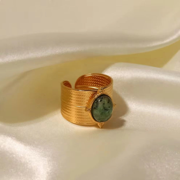 18K Gold Plated Stainless Steel Wide Cyclic Surface Natural African Turquoise Stone Rings for Women