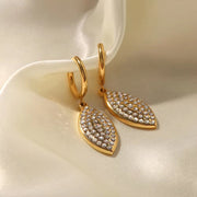 Leaf Shape Shiny Cubic Zircon Non Tarnish 18K Gold Plated Stainless Steel Pendant Earrings Women