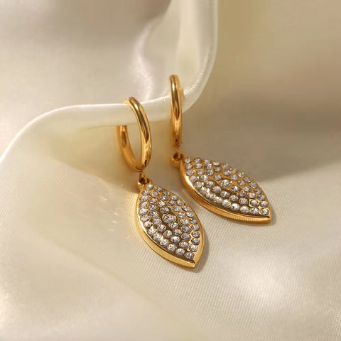 Leaf Shape Shiny Cubic Zircon Non Tarnish 18K Gold Plated Stainless Steel Pendant Earrings Women