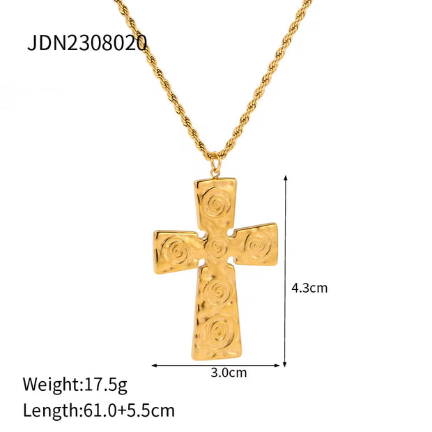 Jewelry 18K PVD Gold Plated Texture Lava Crossed Necklace Chunky Cross Pendant Necklace for Women