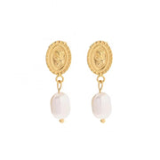 18K Gold Plated Stainless Steel Freshwater Pearl Coin Design Rose Embossed Pendant Earrings Ins Trendy