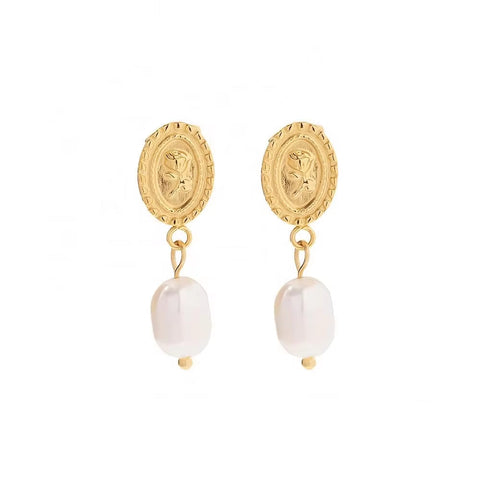 18K Gold Plated Stainless Steel Freshwater Pearl Coin Design Rose Embossed Pendant Earrings Ins Trendy