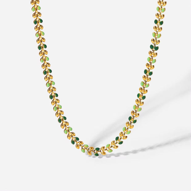 18K Gold Fresh Green Oil Dripping Olive Leaf Necklace Stainless Steel Enamel Charm Chain Necklace Jewelry