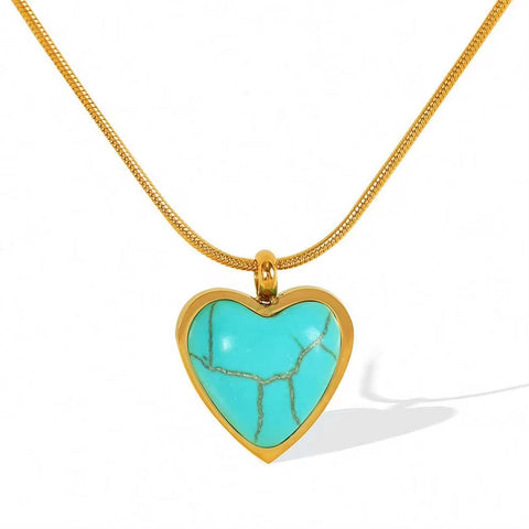 JEWELRY XL95 New Emerald 18K Gold Stainless Steel Heart Shaped Turquoise Pendant Necklace