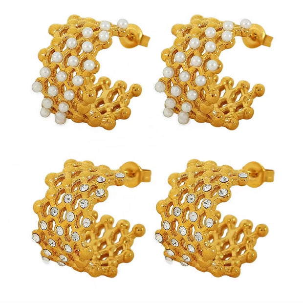 JEWELRY EH246-7 Hollowed Out Small Gold Beads Patchwork Grid-Like Earrings Set with Rubber Beads Rhinestone Earrings