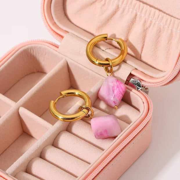 18K Gold Double Plated Pink Rhombus Natural Stone Pendant Stainless Steel Huggie Earrings for Women