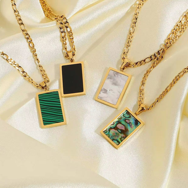 Rectangle Abalone Malachite Onyx Mother of Shell Pendant Willow Necklace Gold Plated Stainless Steel Figaro Chain Necklace