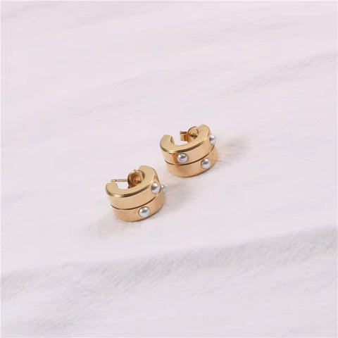 Hyperbole Half round Chunky Stud Earring 18K Gold Plated Stainless Steel Pearl Inlay Double Layer C Shape Hoop Earring