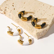 18K Gold Plated Stainless Steel White Enameled Contrast Color C Shape Hoop Earrings Popular Style