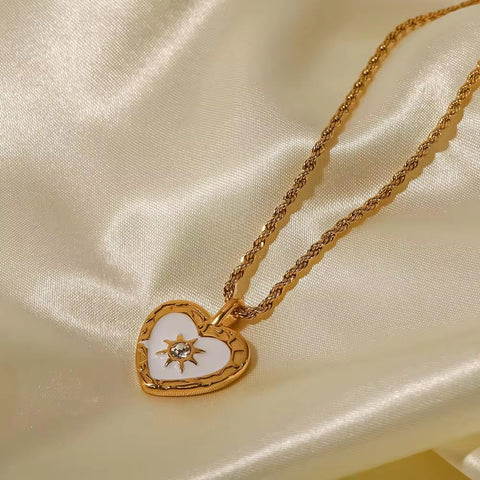 Vintage Jewelry Rope Chain Star Necklace Stainless Steel Clear Zircon Heart Pendant Necklace