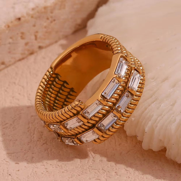 Chunky Zircon Statement Jewelry Multilayer Bamboo Design Gold Plated Stainless Steel Signet Ring