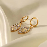 Leaf Shape Shiny Cubic Zircon Non Tarnish 18K Gold Plated Stainless Steel Pendant Earrings Women