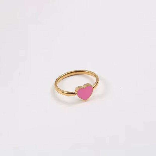 New High Quality Waterproof Rings Jewelry Enamel Pink Heart Ring Jewelry Stainless Steel 18K Gold Plate Heart Ring for Women