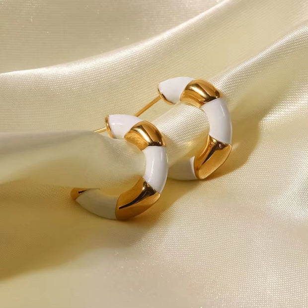 18K Gold Plated Stainless Steel White Enameled Contrast Color C Shape Hoop Earrings Popular Style