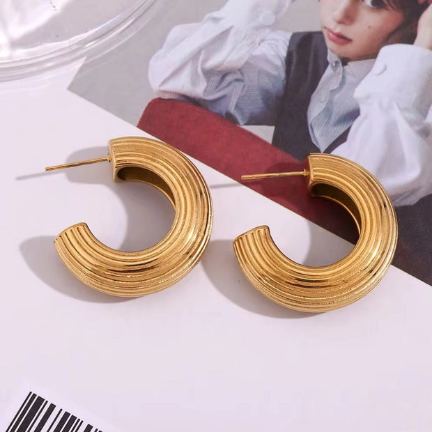 Fashion Gold Plated Jewelry Engraved Texture Hoop Earrings Stainless Steel Women Jewelry