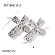 New 18K Gold Plated Stainless Steel Rotate Texture Hammer Big Huge Cross Earrings Women Luxury