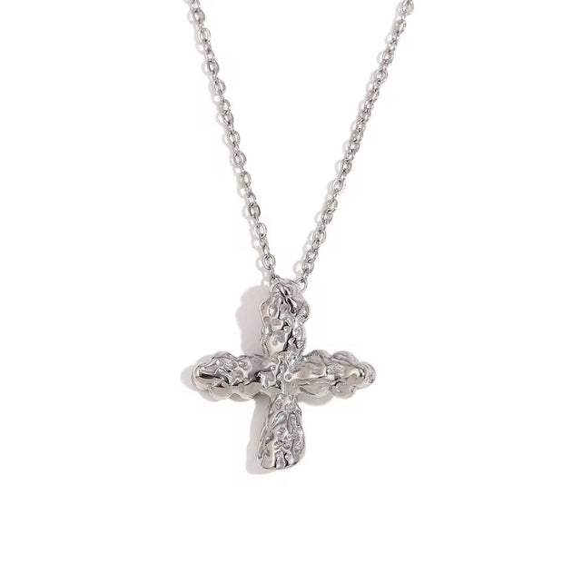 Hammered Cross Necklace 18K Gold Plated Jewelry Waterproof 316L Stainless Steel Titanium Jewelry