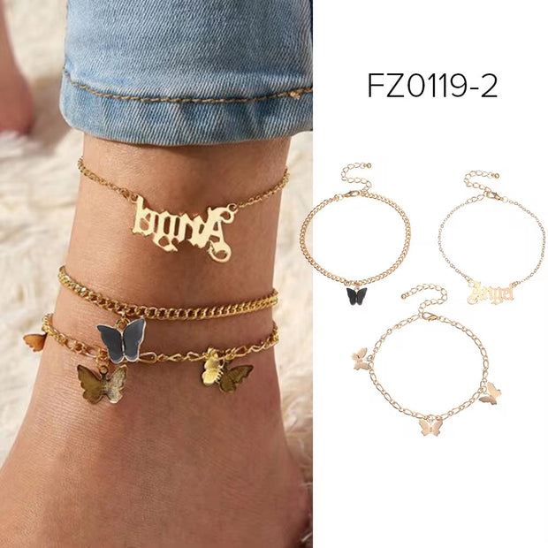 3PCS Set Cuban Link Butterfly Charm Anklet Set Women Chains Foot Jewelry Designer Angle Letter Ankle