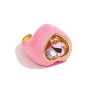 Chunky Colorful Enamel Y2K Heart Jewelry Shining Zircon Rings Set Gold Plated Stainless Steel Jewelry