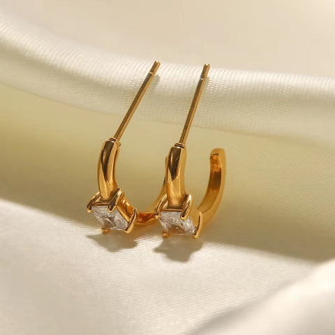 Stainless Steel Gold Plated Jewelry for Women C-Shaped Inlaid Square Shape Cubic Zirconia Earrings