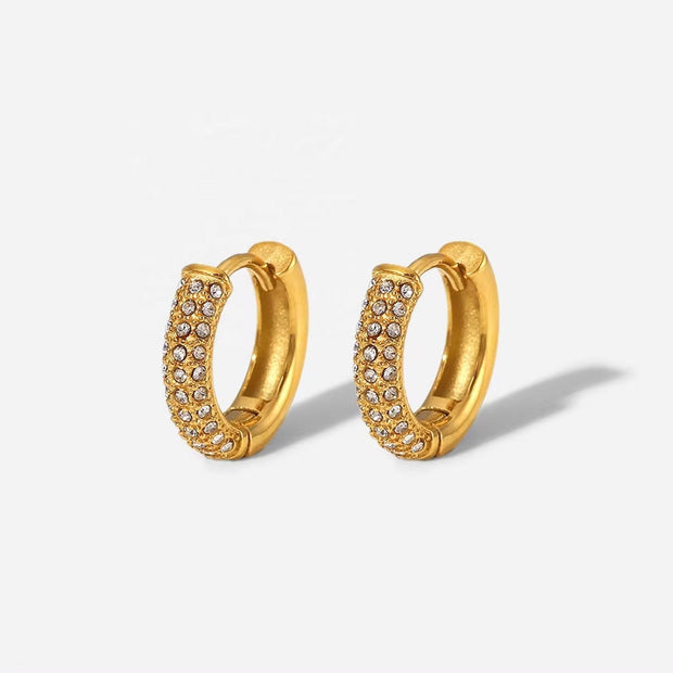 18K Gold Plated Clear Zircon Paved Hoop Earrings Waterproof Stainless Steel Zircon Huggie Earring