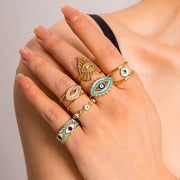 Luxury 18K Gold Plated Beads Eyes Layer Rings Stainless Steel Hollow Enamel Evil Eyes Stacking Rings Jewelry