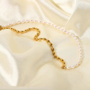 18K Gold Plated Freshwater Pearl with Oval Stainless Steel Beaded Necklace for Woman Party Gift