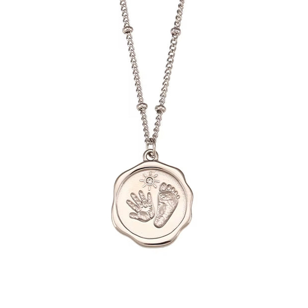 18K Gold Plated Engraved Fingerprint Footprint Zircon Pendant Necklace Non Tarnish Stainless Steel Bead Chain Necklace