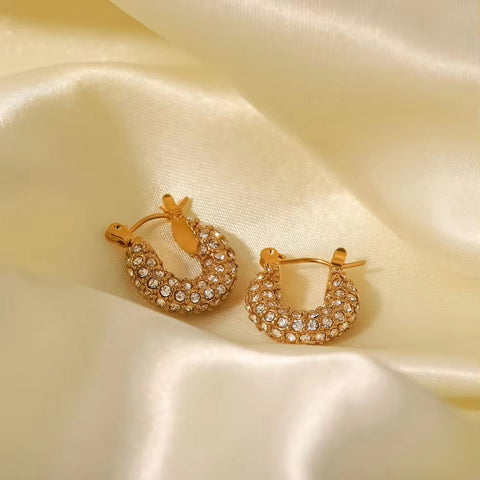 18K Gold Plated Stainless Steel Classic Hammered Shape Cubic Zirconia Hoop Earrings for Ladies