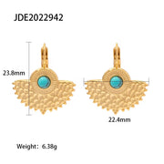 Vintage 18K Gold Plated Turquoise Fan-Shaped Pendant Earrings Gift Jewelry Stone Earrings