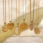 Vintage Jewelry Stainless Steel Heart Natural Shell Sun Half Moon round Coin Pendant Medallion Necklaces