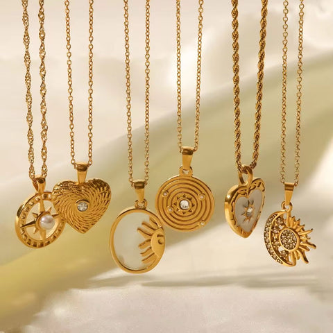 Vintage Jewelry Stainless Steel Heart Natural Shell Sun Half Moon round Coin Pendant Medallion Necklaces