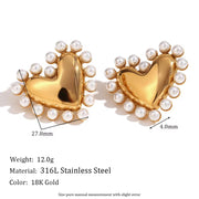 Gold Plated Jewelry Pearl Stud Earrings Heart Jewelry Gift for Women Stainless Steel Earrings