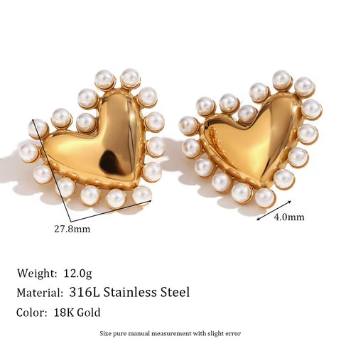 Gold Plated Jewelry Pearl Stud Earrings Heart Jewelry Gift for Women Stainless Steel Earrings