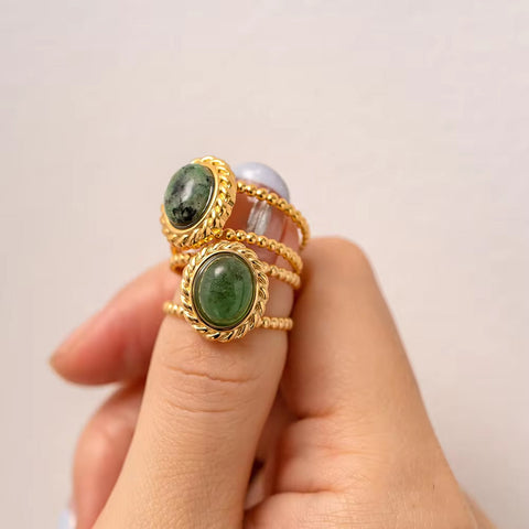 Natural Stone African Turquoise Agate Rope Sun 18K Gold Plated Stainless Steel Opening Rings