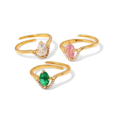 18K Gold Plated Stainless Steel Dainty Multi-Color Cubic Zirconia Stacking Adjustable Rings